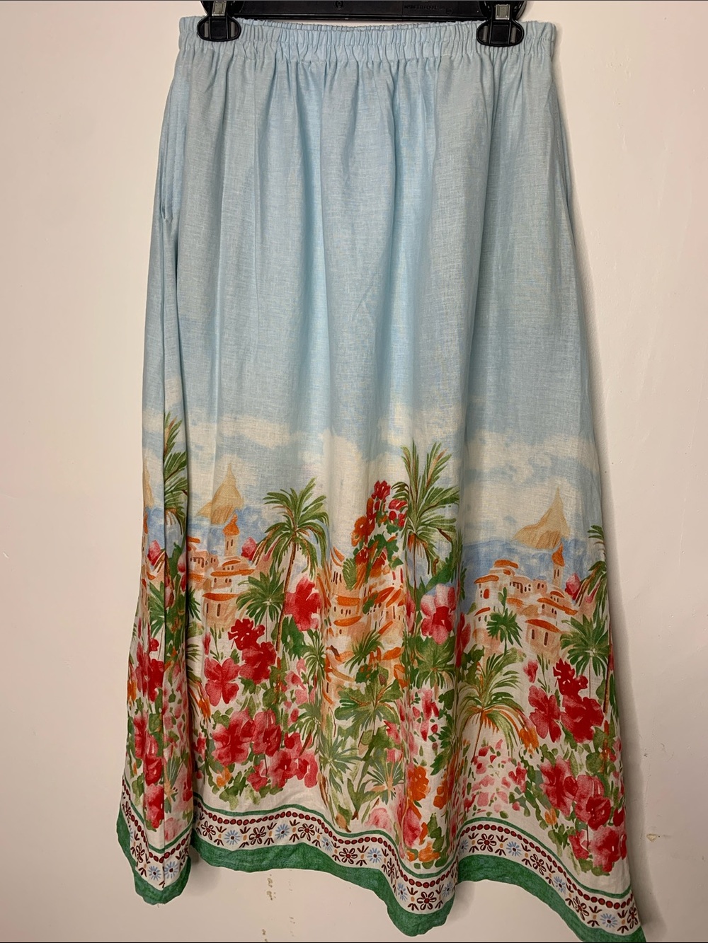 Calypso St. Barth Linen Blend Blue Midi Skirt Tropical Floral resort Beach L - Picture 2 of 10